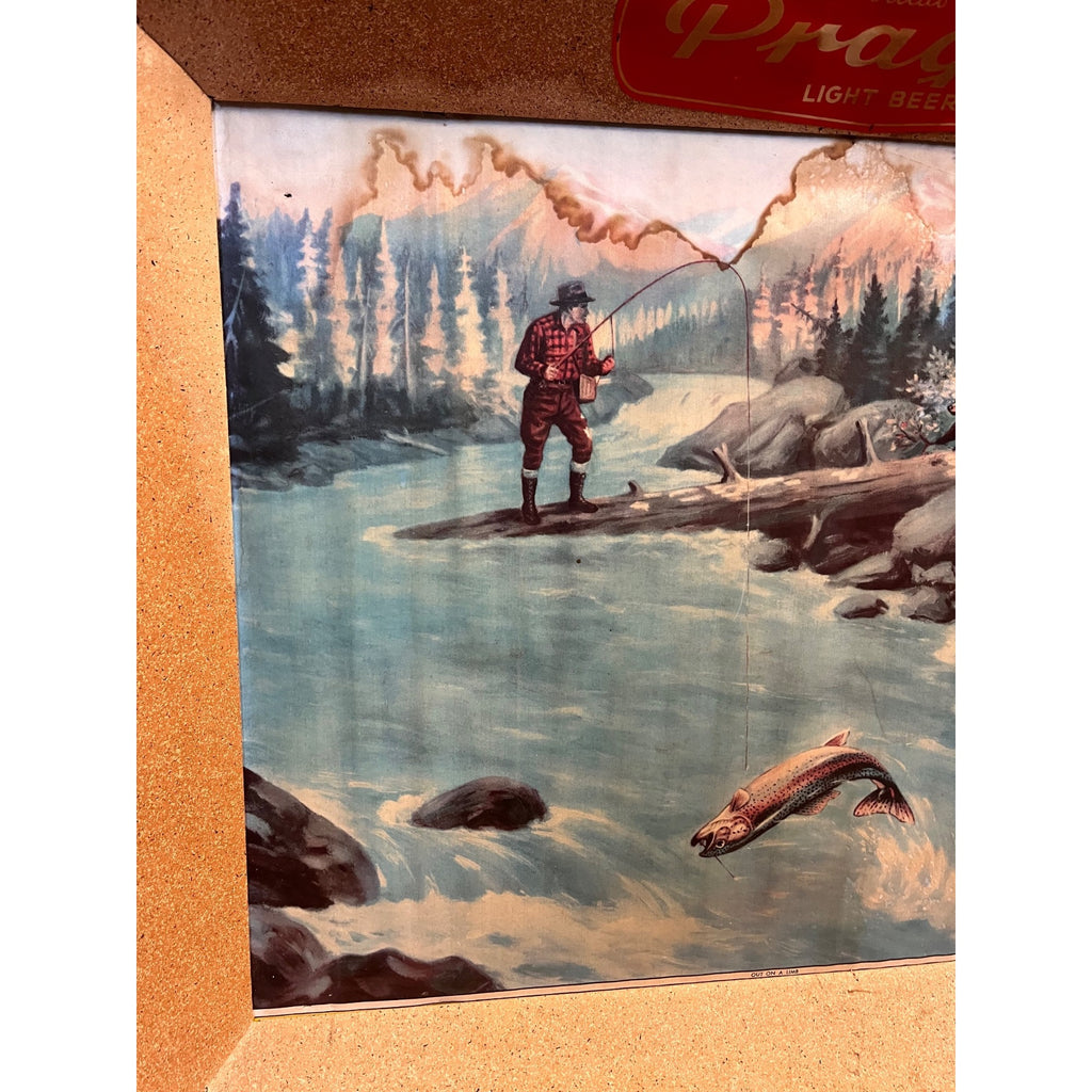 RARE Vintage 1940s Atlas Prager Beer Chicago Advertising Cardboard Sign Fishing Scene