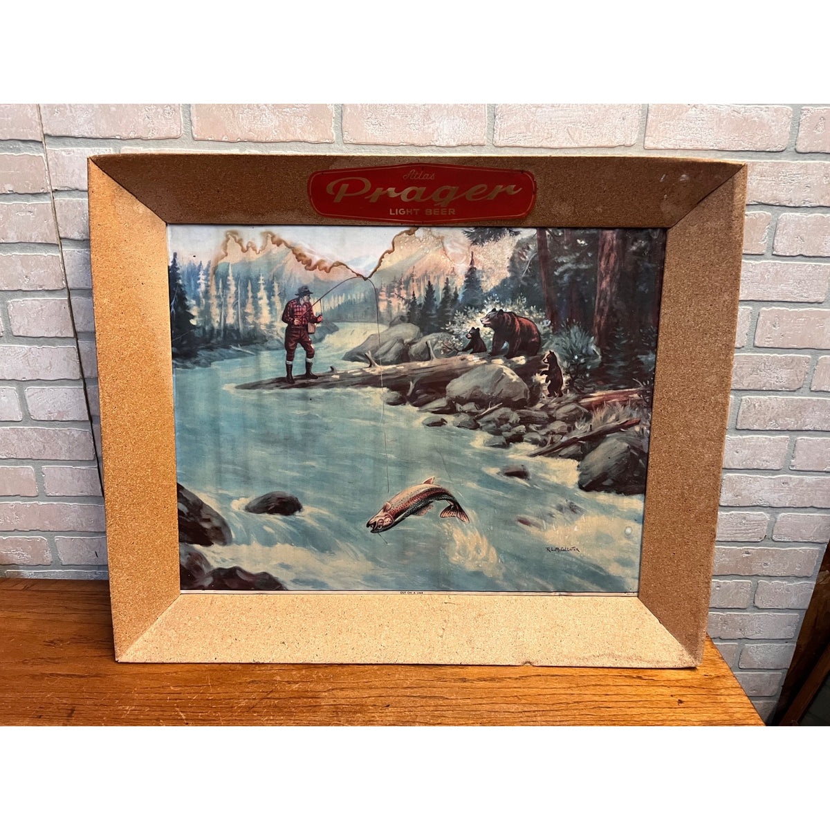 RARE Vintage 1940s Atlas Prager Beer Chicago Advertising Cardboard Sign Fishing Scene