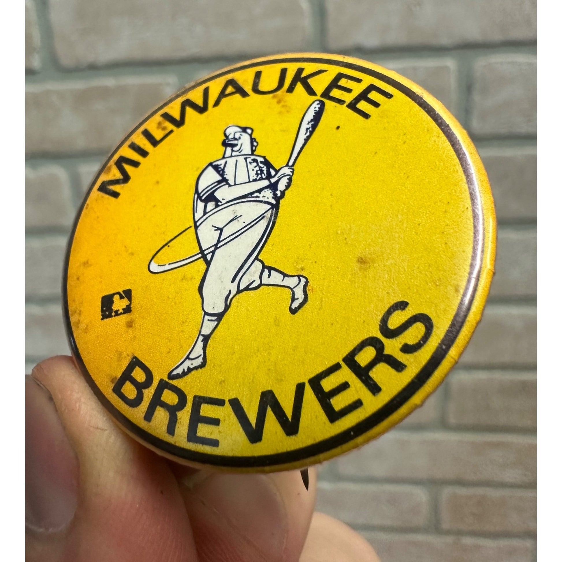 Vintage 1970s Milwaukee Brewers Baseball Pin 1.75" Dia Barrel Man Logo MLB