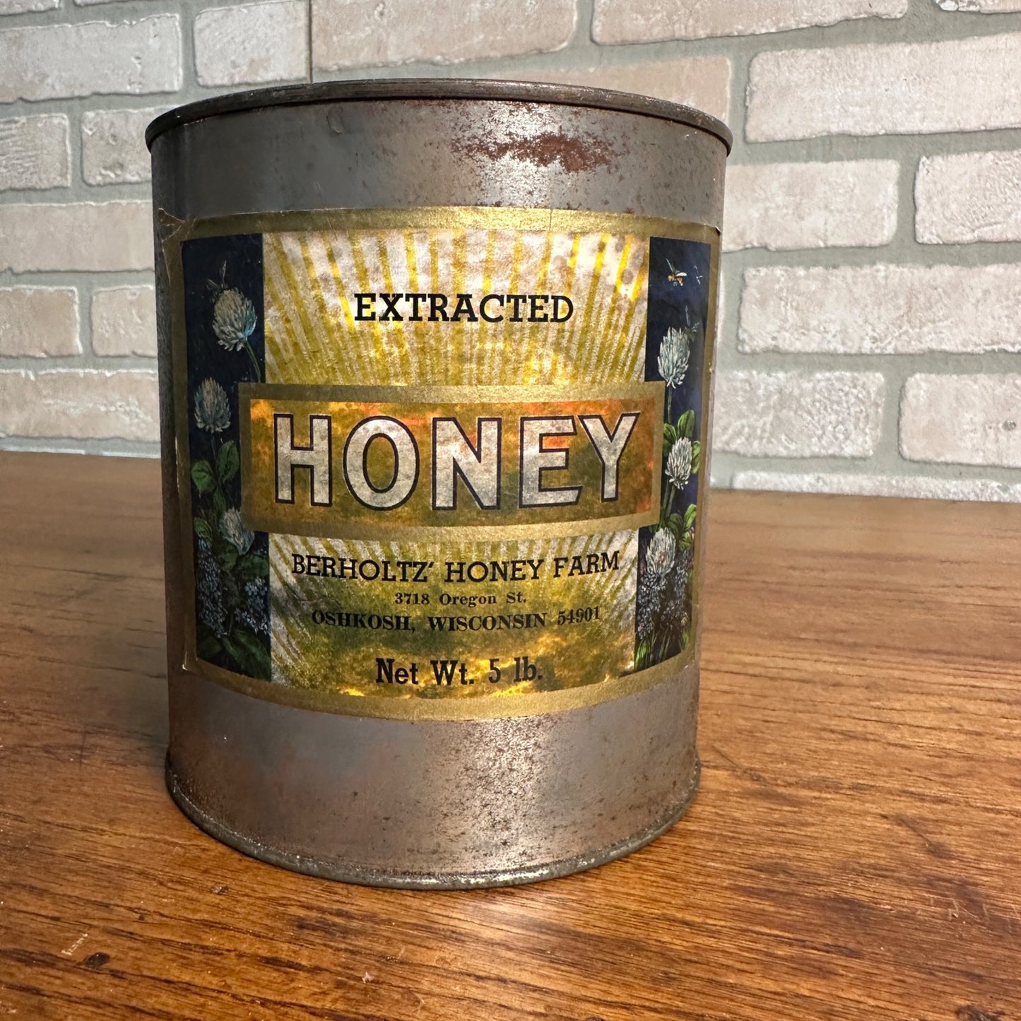 "Vintage Berholtz's Honey Farm Tin Oshkosh, WI Advertising No Lid