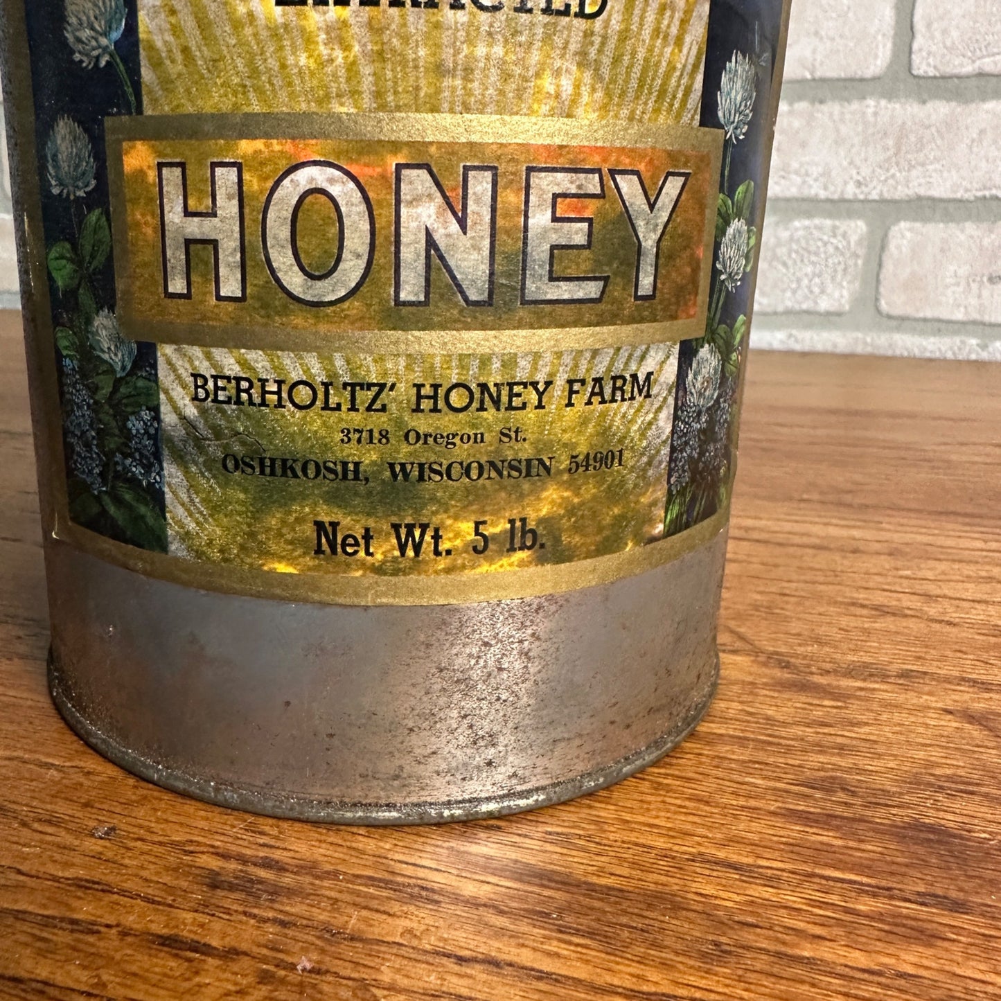 "Vintage Berholtz's Honey Farm Tin Oshkosh, WI Advertising No Lid