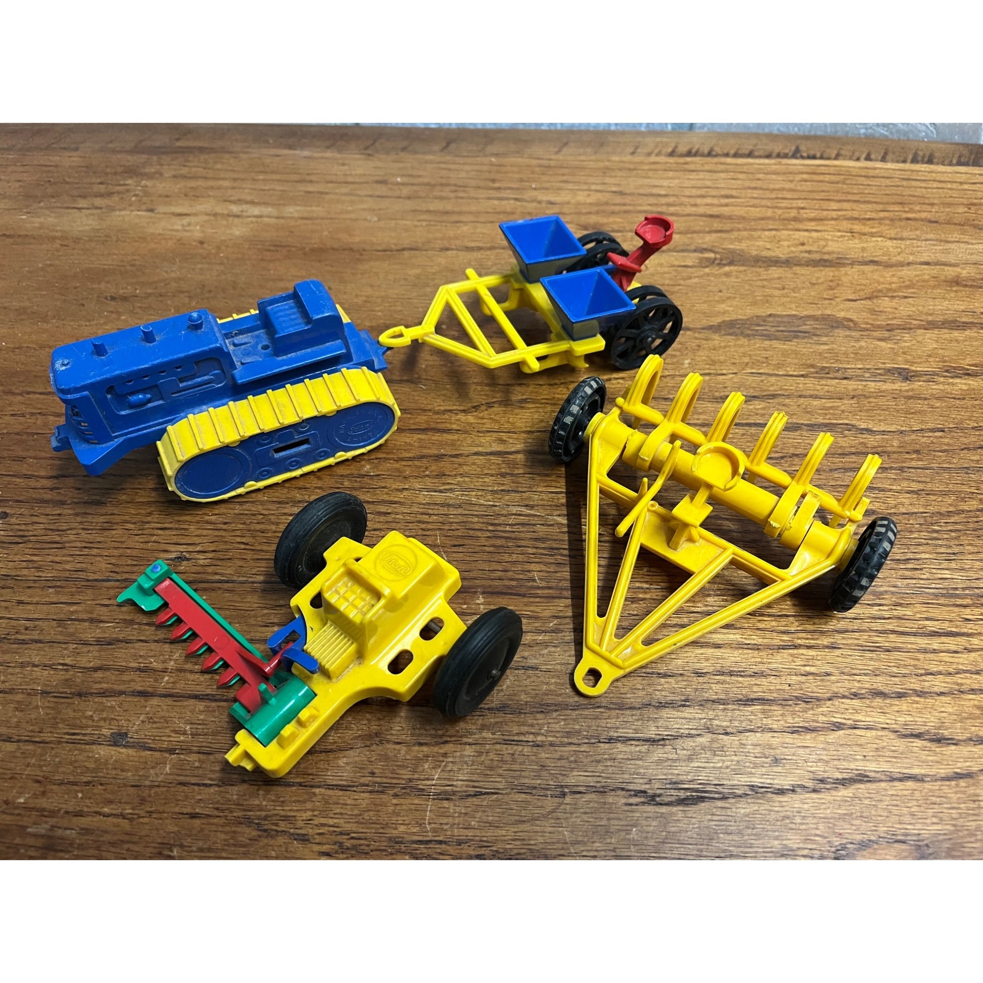Vintage 1960s Ideal Plastic Toy Farm Equipment Hay Rack, Tractor, Sickle Mower +