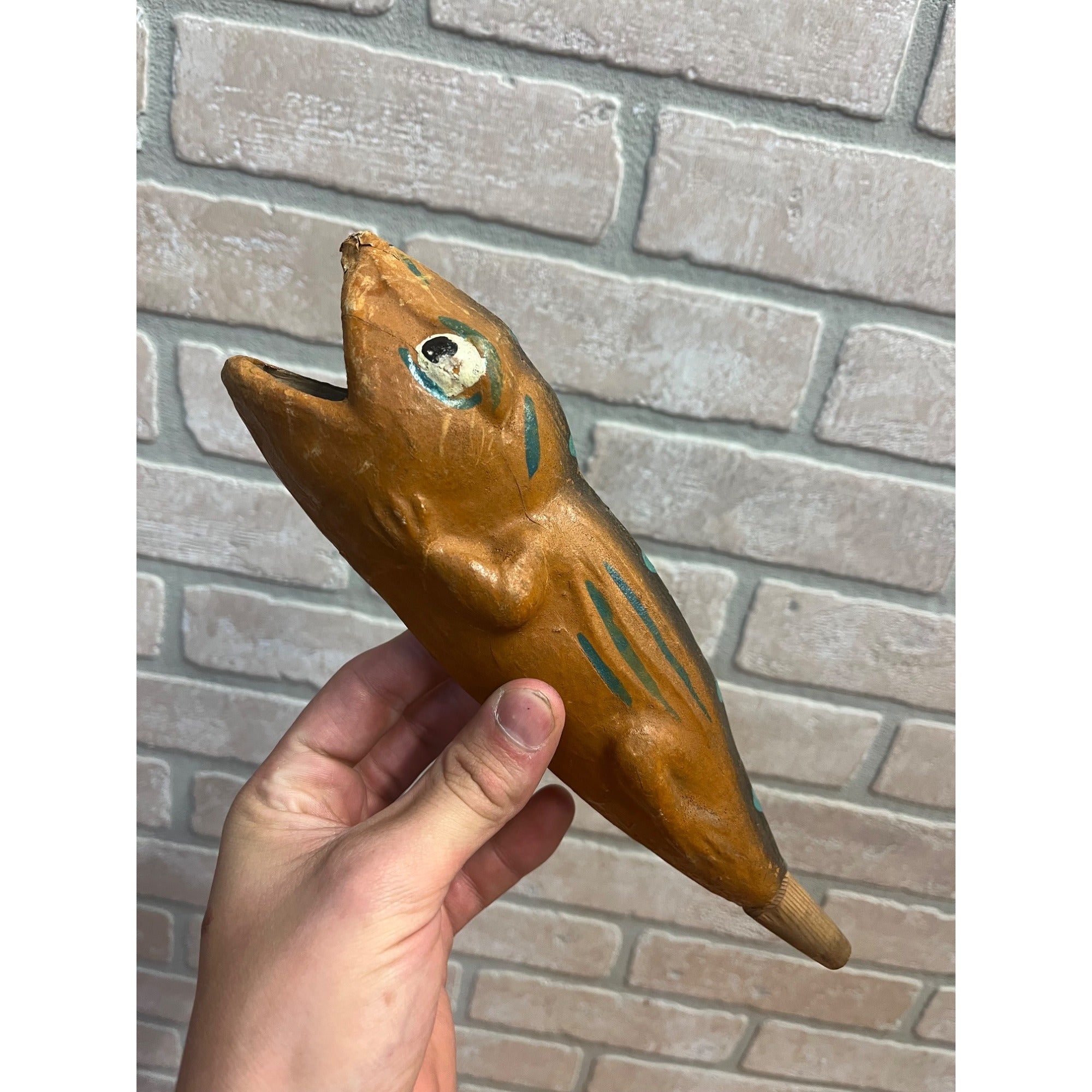 Antique Vintage German Halloween Orange Frog Lizard Papier Mache Horn Noisemaker