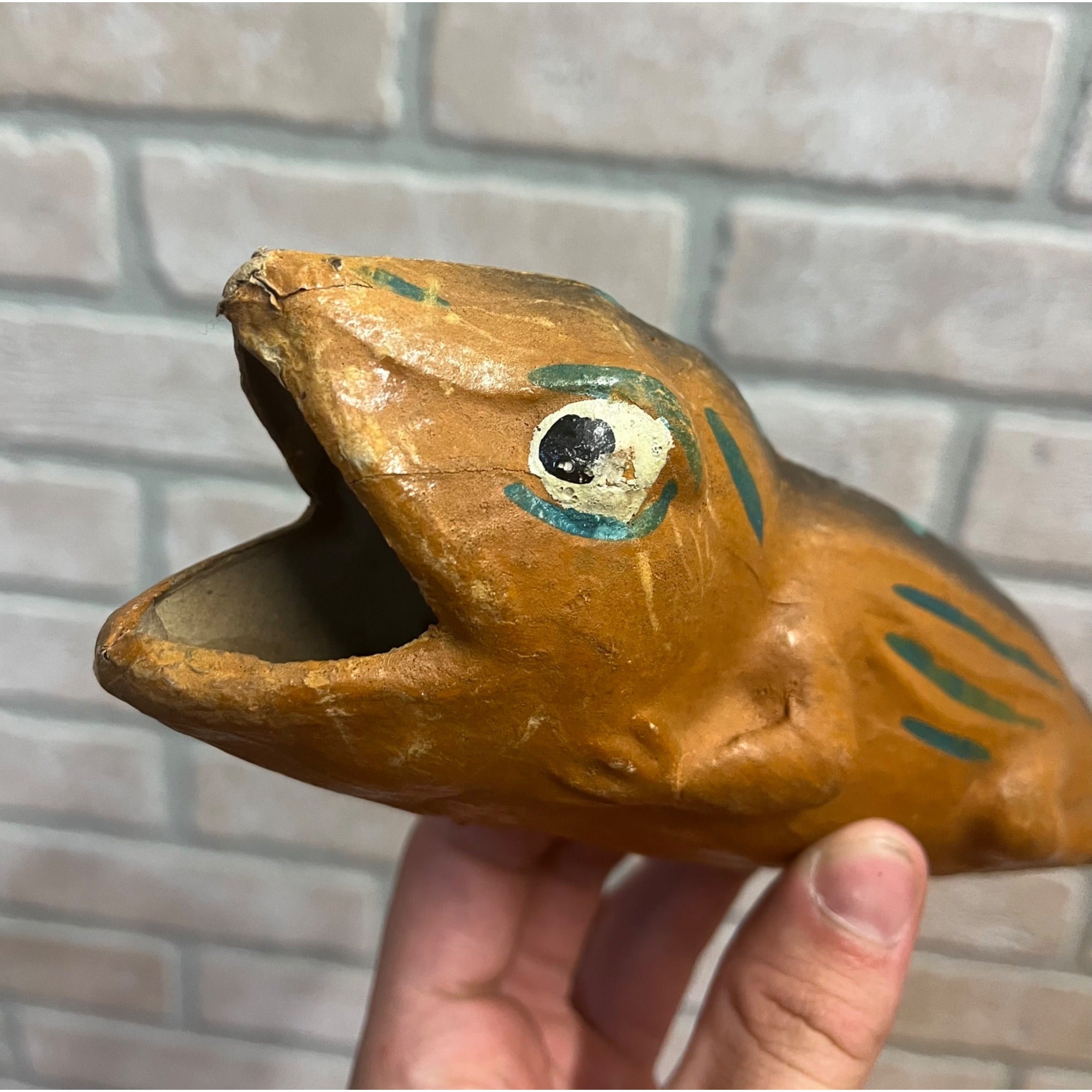 Antique Vintage German Halloween Orange Frog Lizard Papier Mache Horn Noisemaker