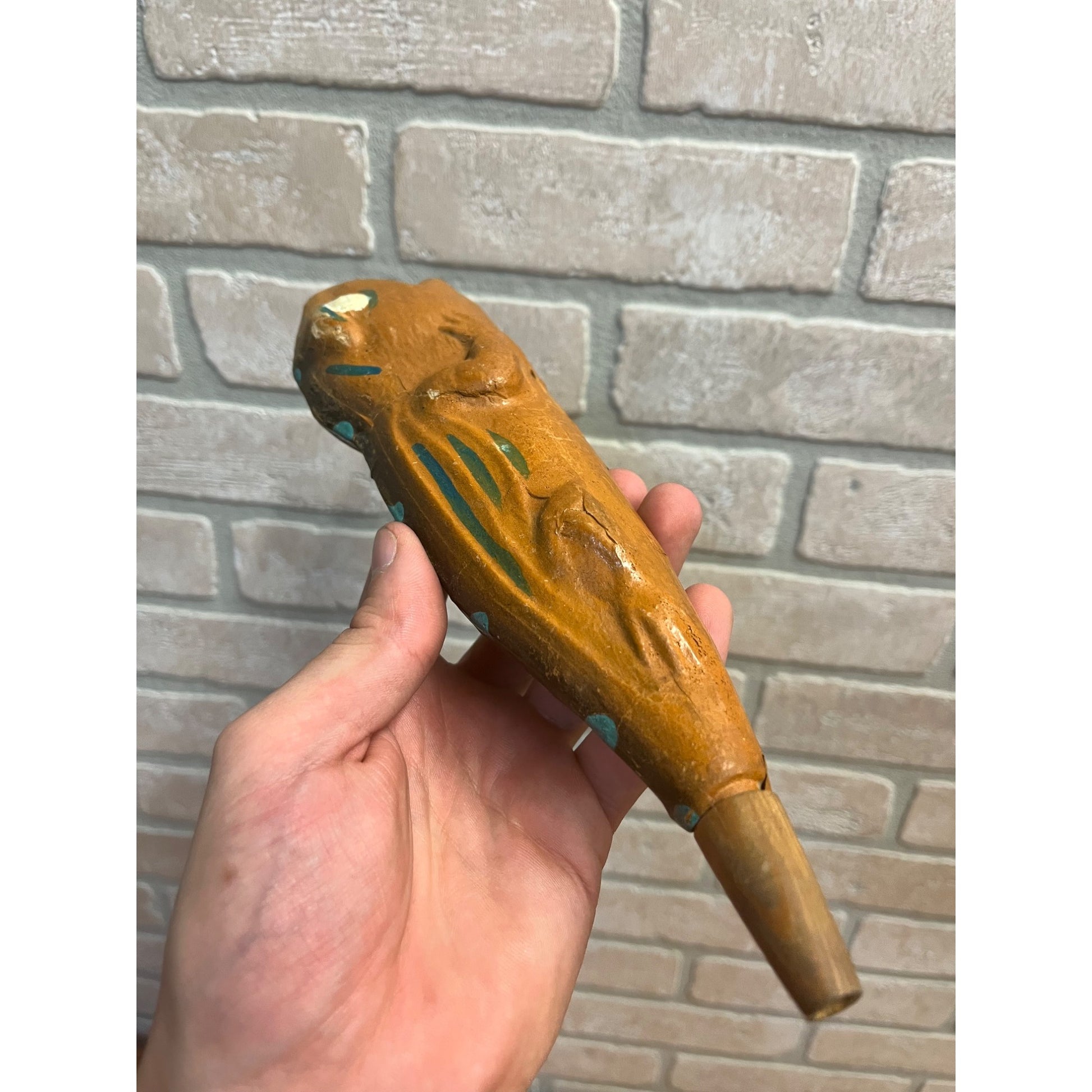 Antique Vintage German Halloween Orange Frog Lizard Papier Mache Horn Noisemaker