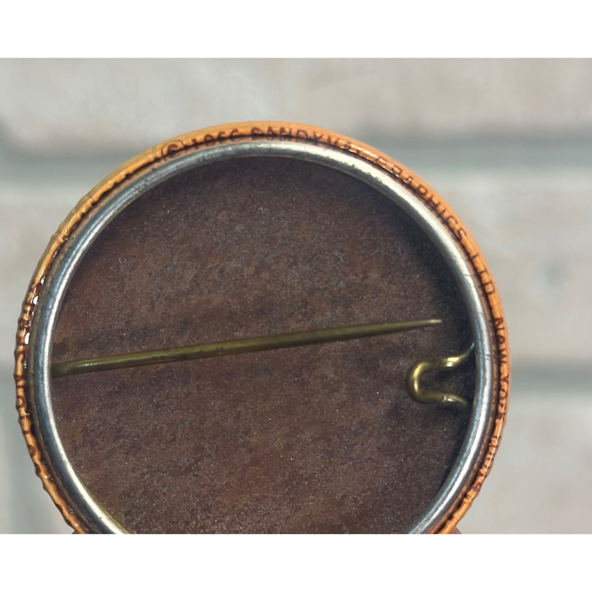 RARE Vintage 1966 Mrs Grundy's Motto Sandyval Pin Button Pinback Sepia 1.75"