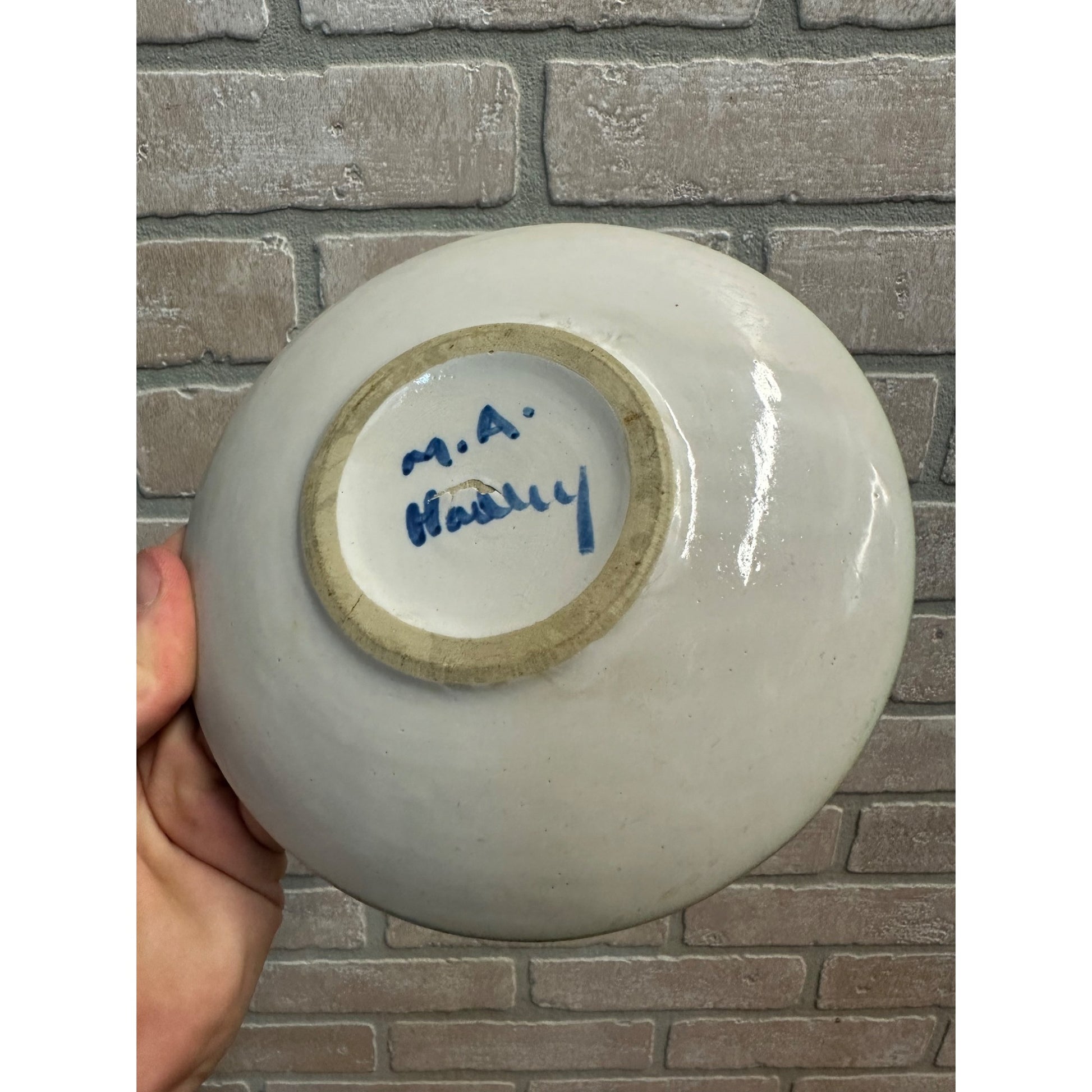 MA Hadley Pottery Plate Heavy China 6 1/4" Dia Saucer Green Blue Edge