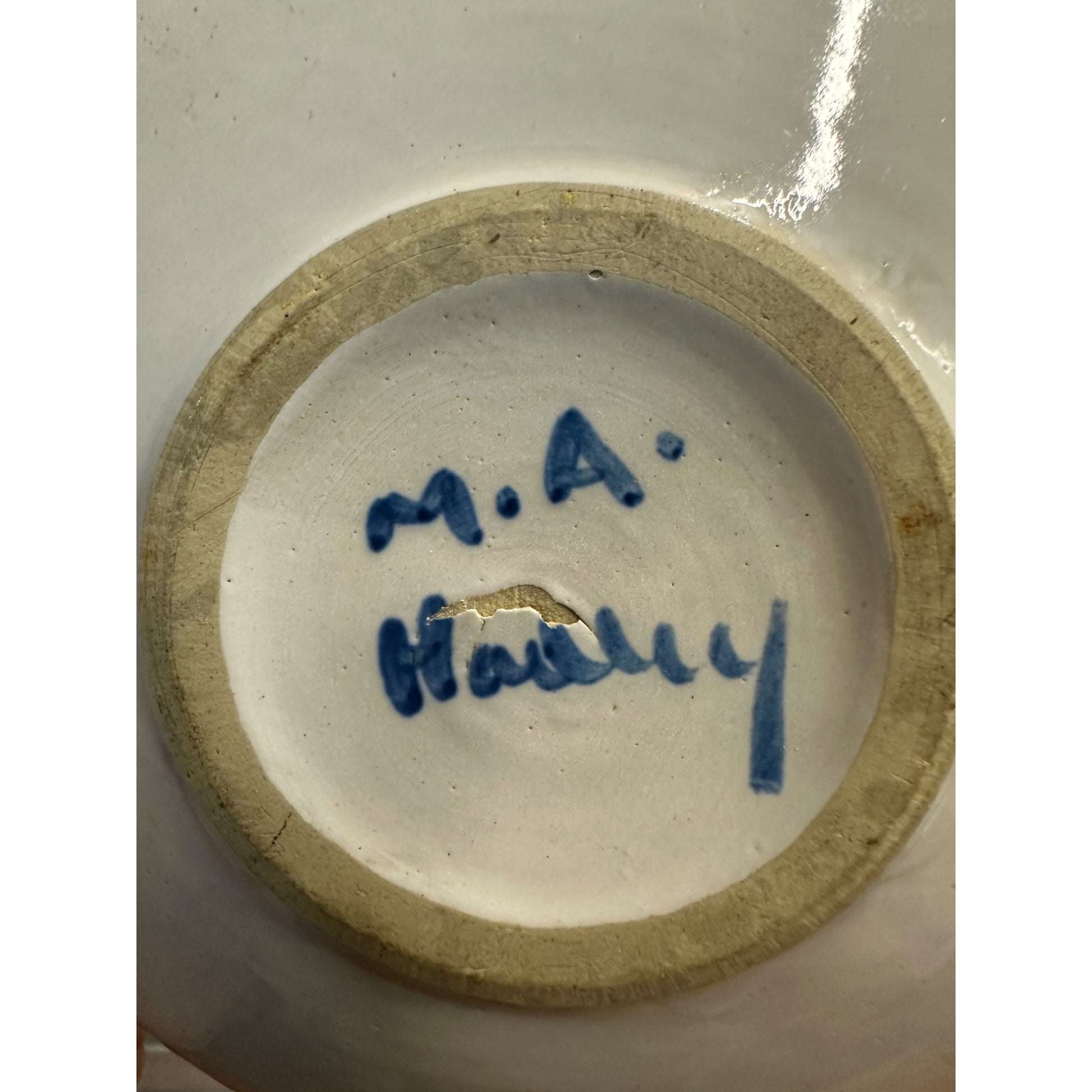 MA Hadley Pottery Plate Heavy China 6 1/4" Dia Saucer Green Blue Edge
