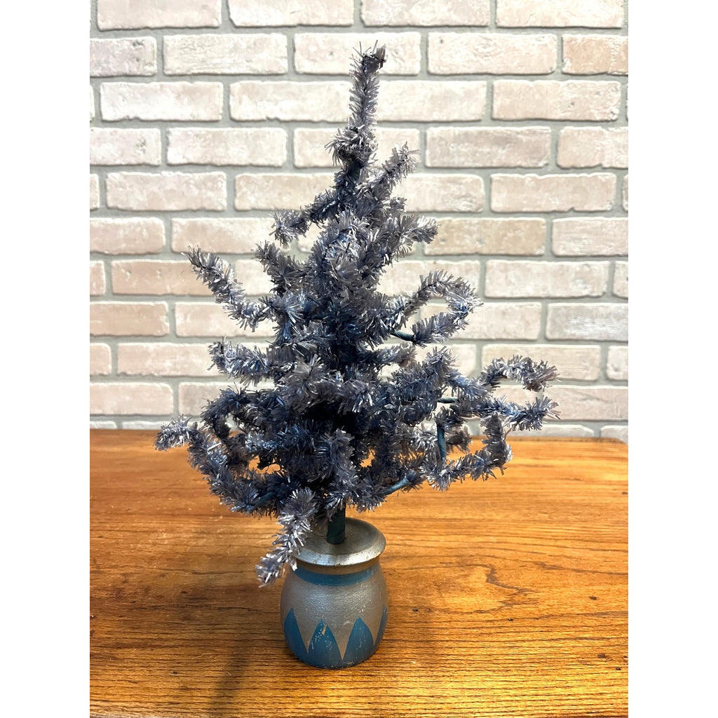 Vintage German Blue Cellophane Christmas Tree w/ Wood Base 16" Tall Mid-Century