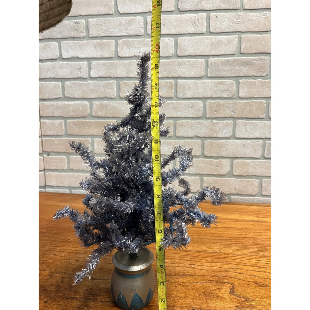 Vintage German Blue Cellophane Christmas Tree w/ Wood Base 16" Tall Mid-Century