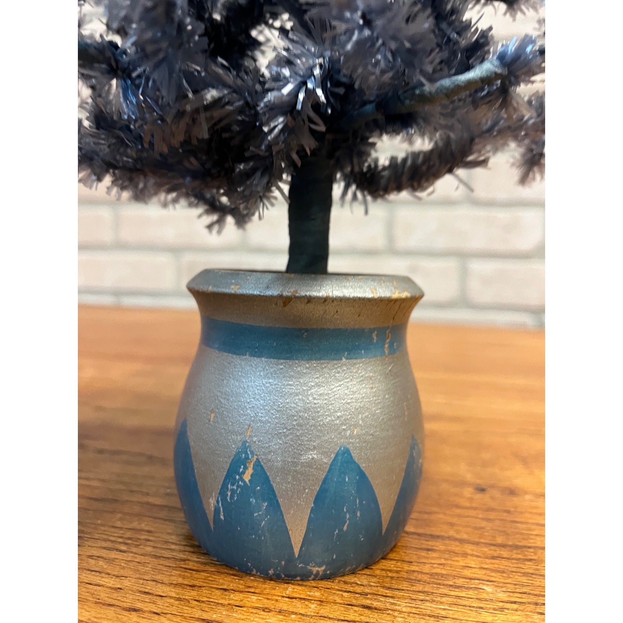 Vintage German Blue Cellophane Christmas Tree w/ Wood Base 16" Tall Mid-Century