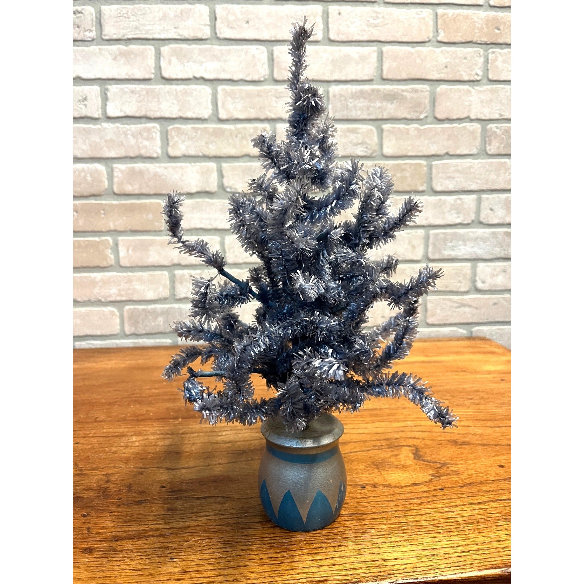 Vintage German Blue Cellophane Christmas Tree w/ Wood Base 16" Tall Mid-Century