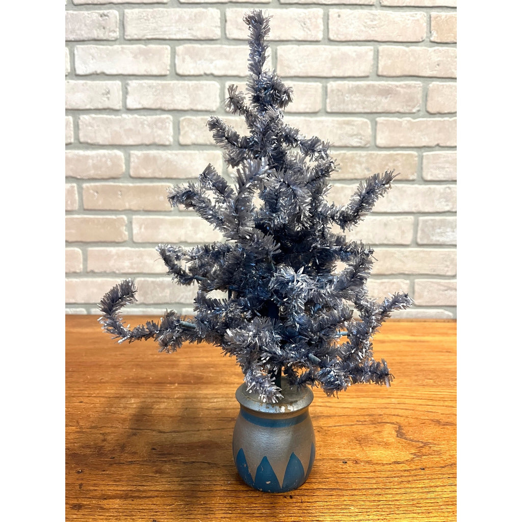 Vintage German Blue Cellophane Christmas Tree w/ Wood Base 16" Tall Mid-Century