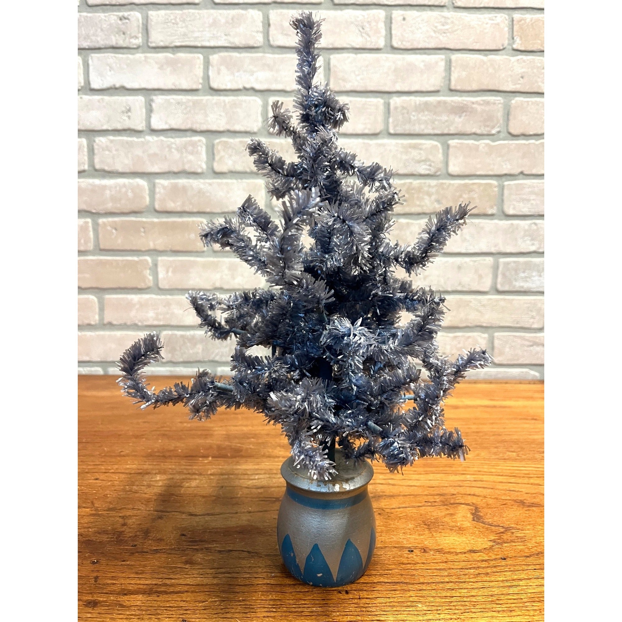 Vintage German Blue Cellophane Christmas Tree w/ Wood Base 16" Tall Mid-Century