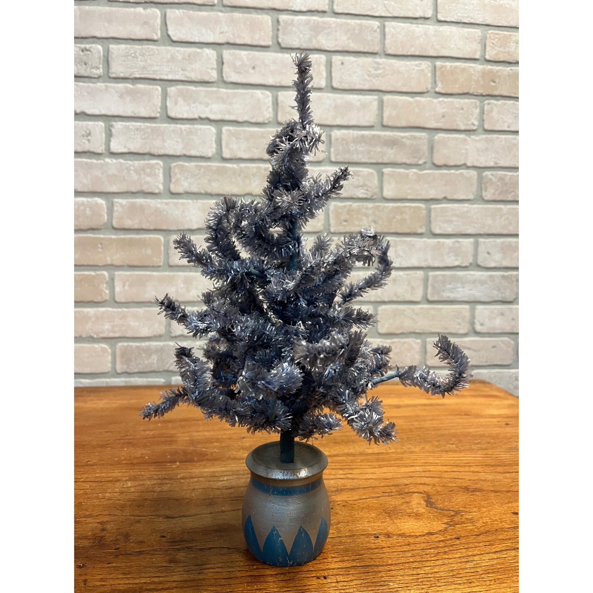 Vintage German Blue Cellophane Christmas Tree w/ Wood Base 16" Tall Mid-Century