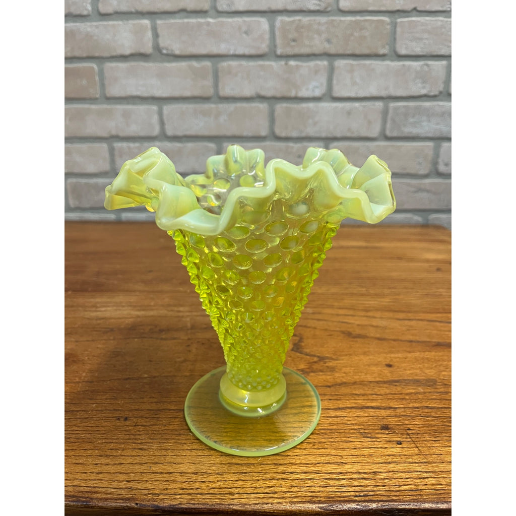 Fenton Topaz Opalescent Hobnail Vase 7" Tall Yellow Vaseline Glass, Ruffled Rim