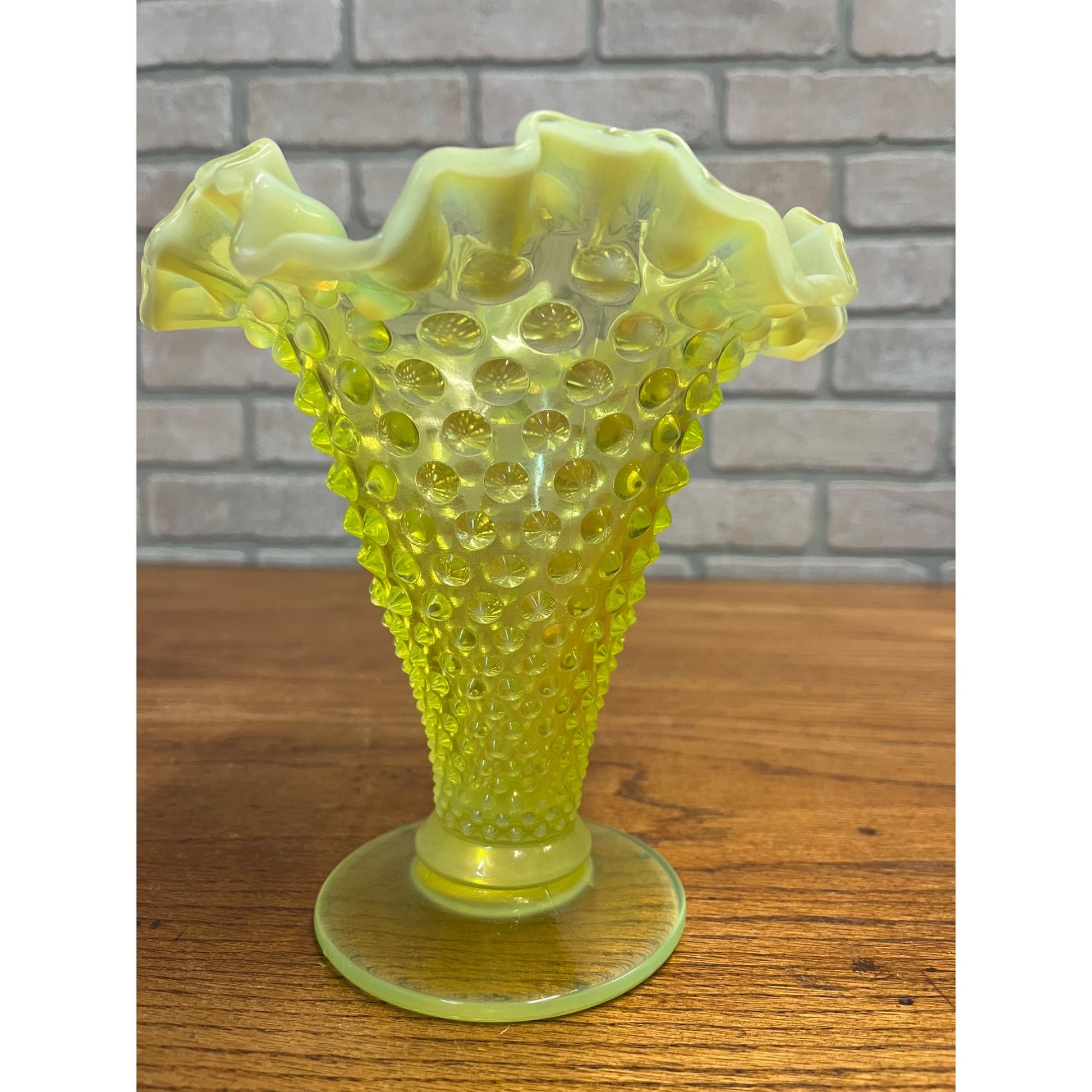 Fenton Topaz Opalescent Hobnail Vase 7" Tall Yellow Vaseline Glass, Ruffled Rim