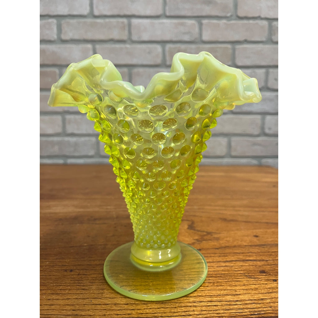 Fenton Topaz Opalescent Hobnail Vase 7" Tall Yellow Vaseline Glass, Ruffled Rim