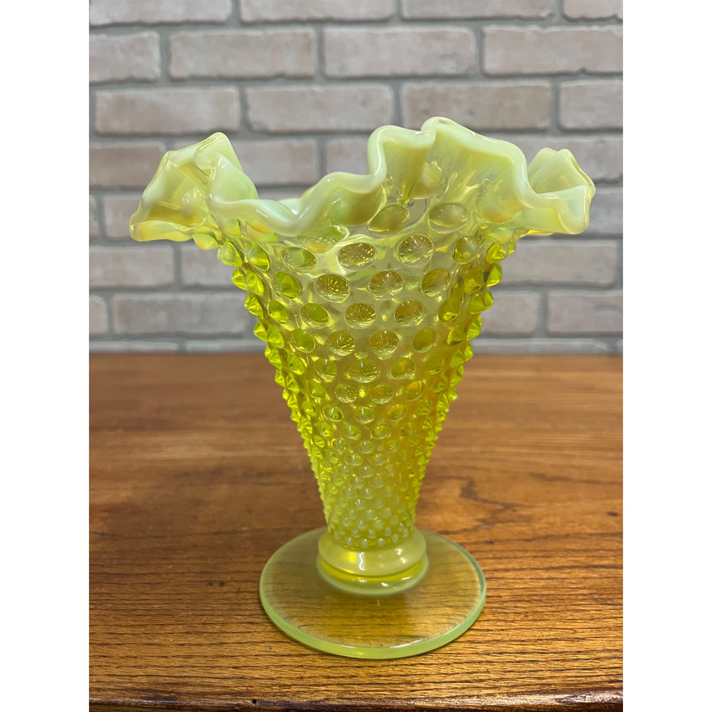 Fenton Topaz Opalescent Hobnail Vase 7" Tall Yellow Vaseline Glass, Ruffled Rim