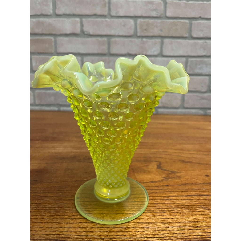 Fenton Topaz Opalescent Hobnail Vase 7" Tall Yellow Vaseline Glass, Ruffled Rim