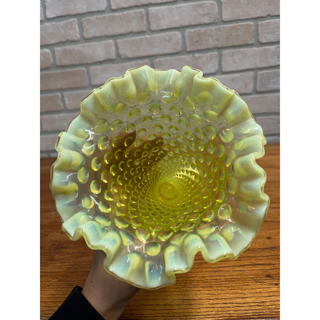 Fenton Topaz Opalescent Hobnail Vase 7" Tall Yellow Vaseline Glass, Ruffled Rim