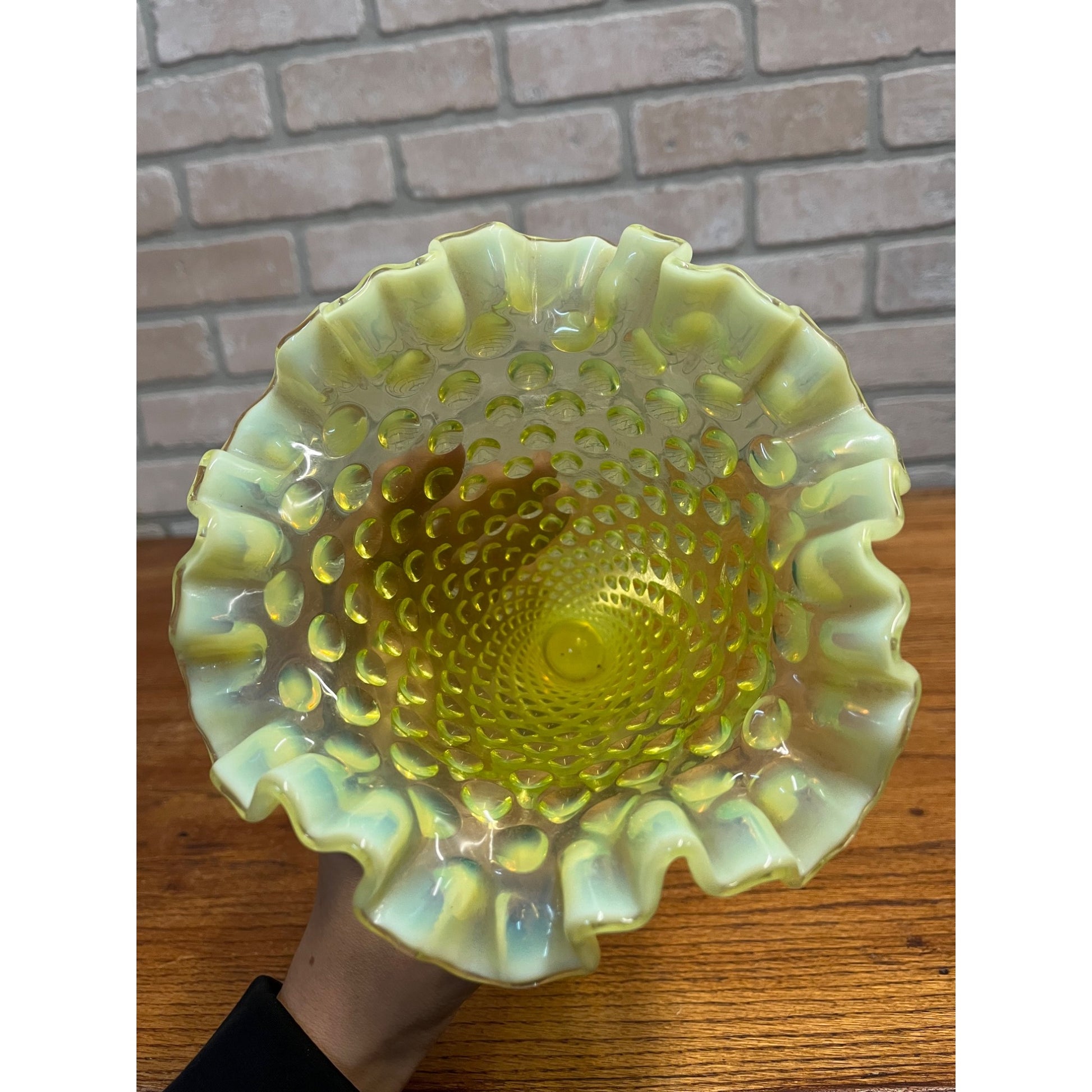 Fenton Topaz Opalescent Hobnail Vase 7" Tall Yellow Vaseline Glass, Ruffled Rim