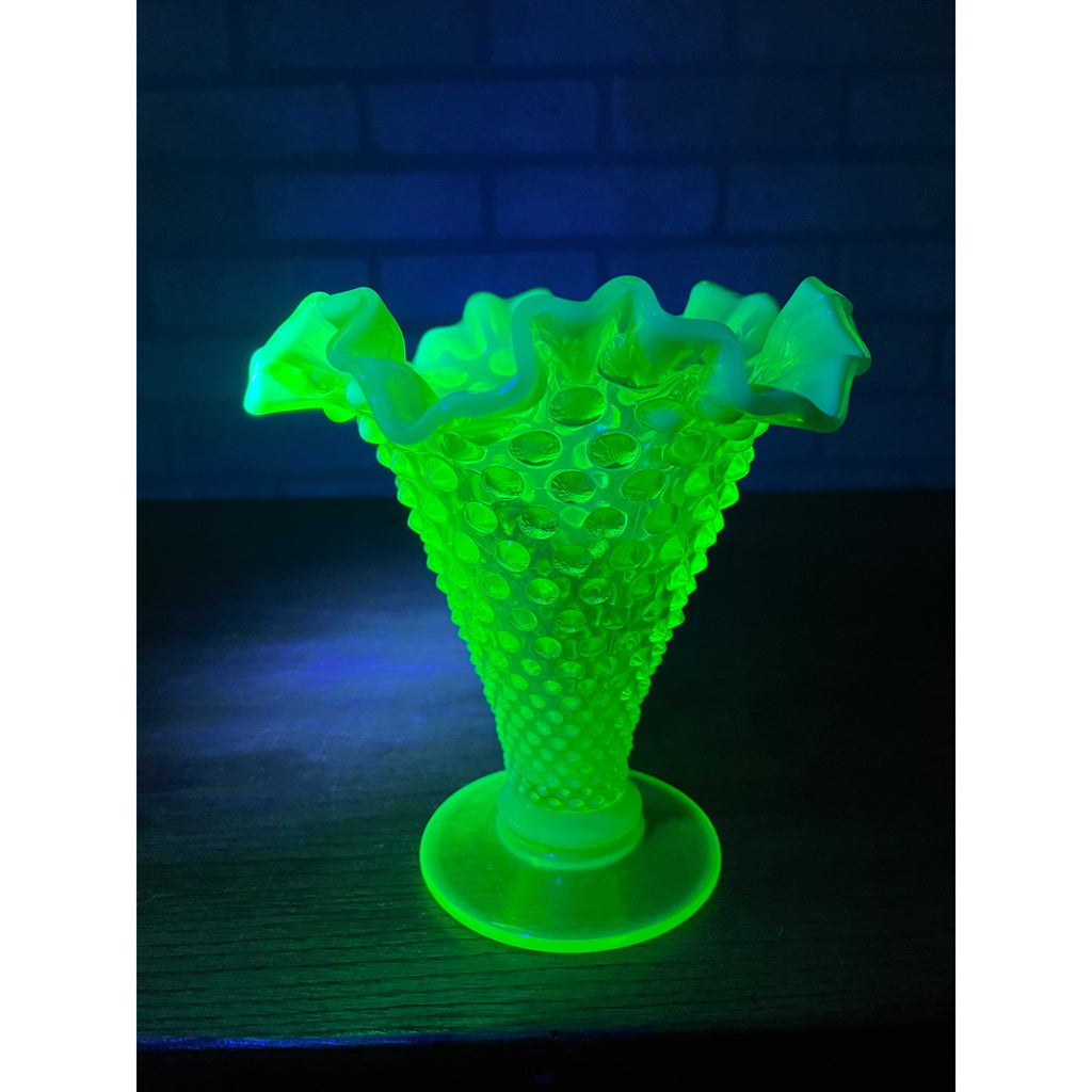 Fenton Topaz Opalescent Hobnail Vase 7" Tall Yellow Vaseline Glass, Ruffled Rim