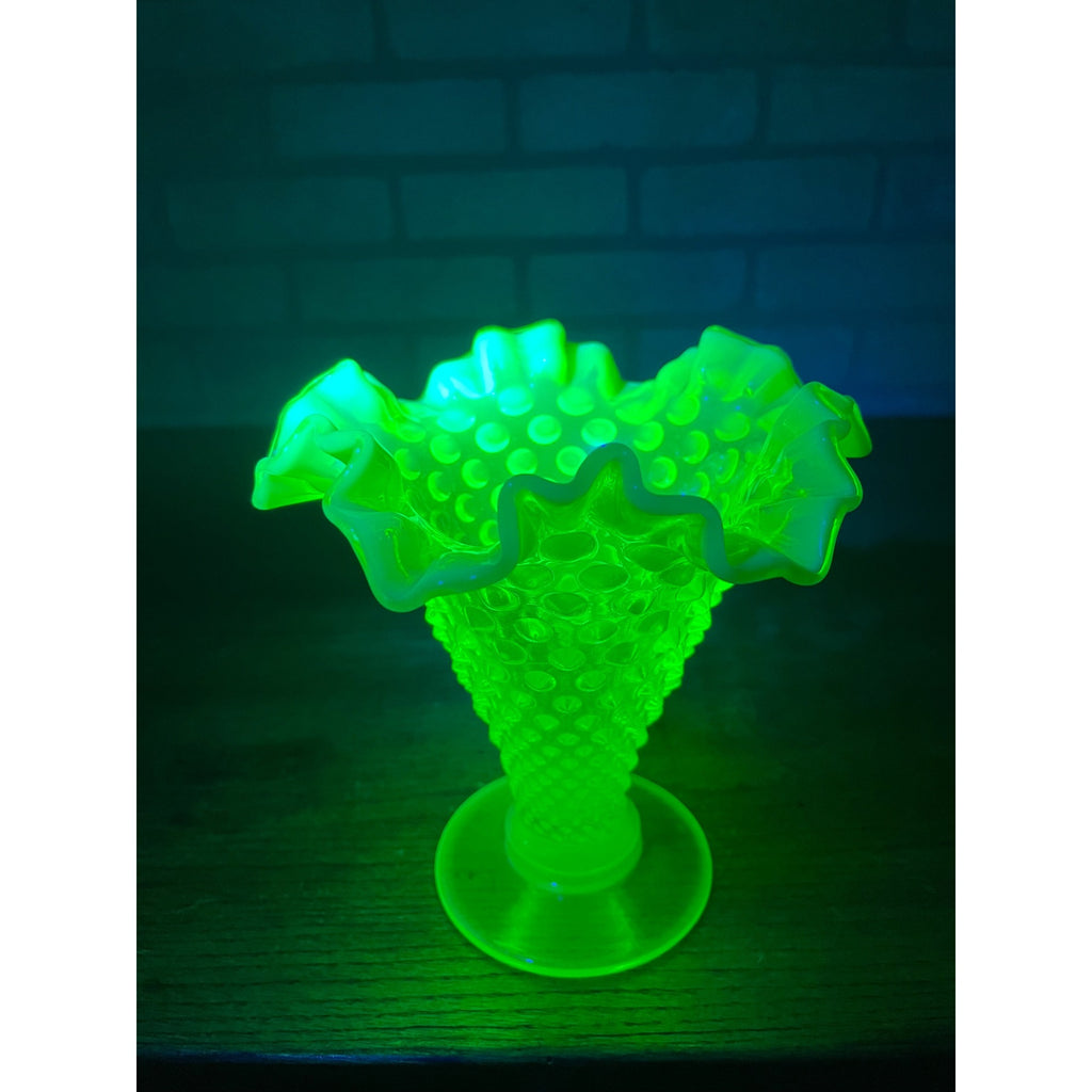 Fenton Topaz Opalescent Hobnail Vase 7" Tall Yellow Vaseline Glass, Ruffled Rim