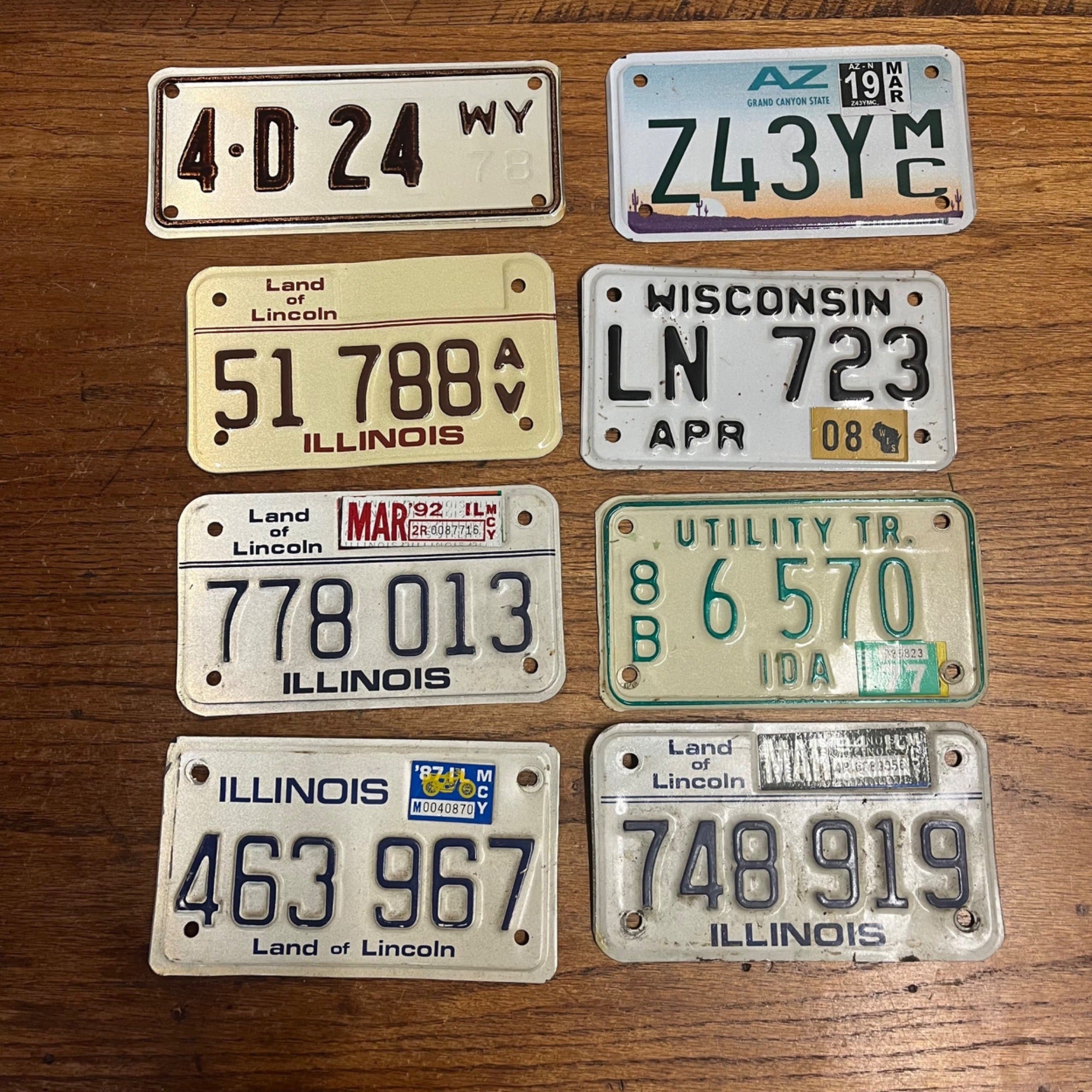 Vintage Large Lot of Eight (8) Motorcycle License Plates Illinois Idaho Wisconsin Wyoming Arizona
