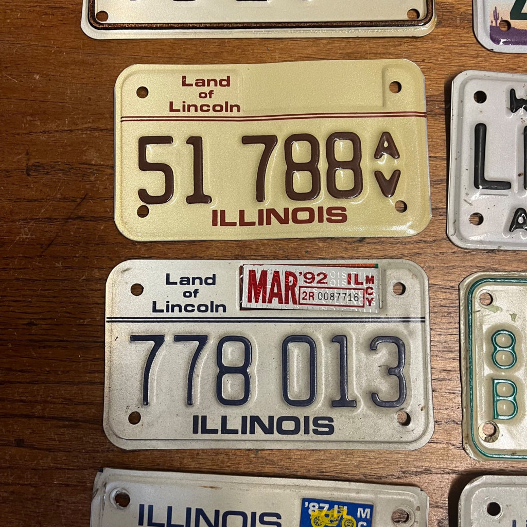 Vintage Large Lot of Eight (8) Motorcycle License Plates Illinois Idaho Wisconsin Wyoming Arizona