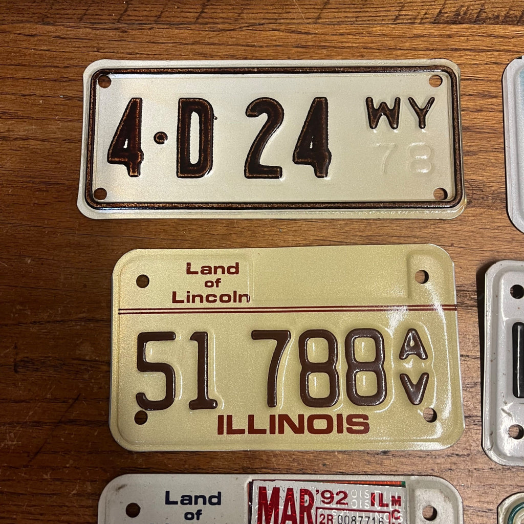 Vintage Large Lot of Eight (8) Motorcycle License Plates Illinois Idaho Wisconsin Wyoming Arizona
