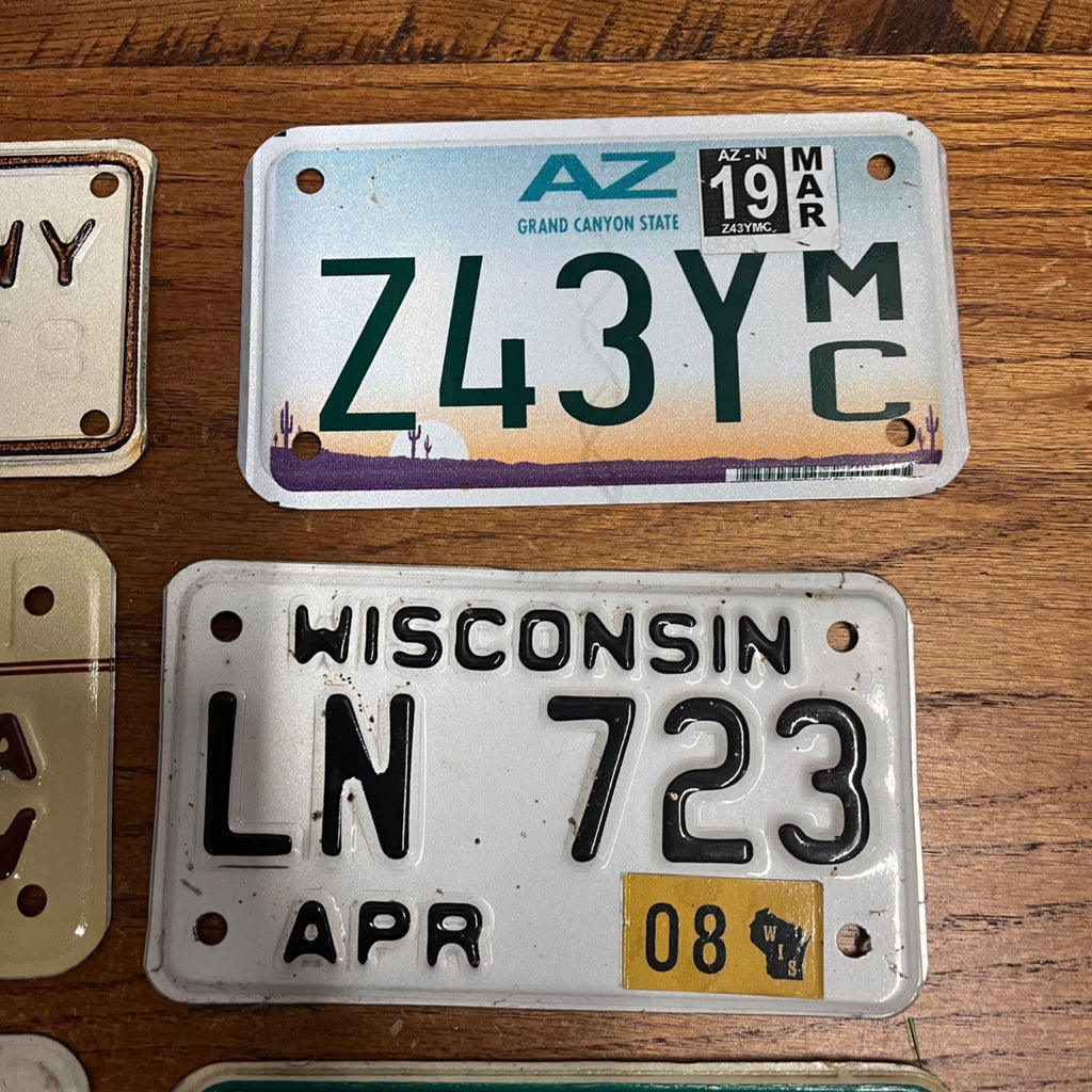 Vintage Large Lot of Eight (8) Motorcycle License Plates Illinois Idaho Wisconsin Wyoming Arizona