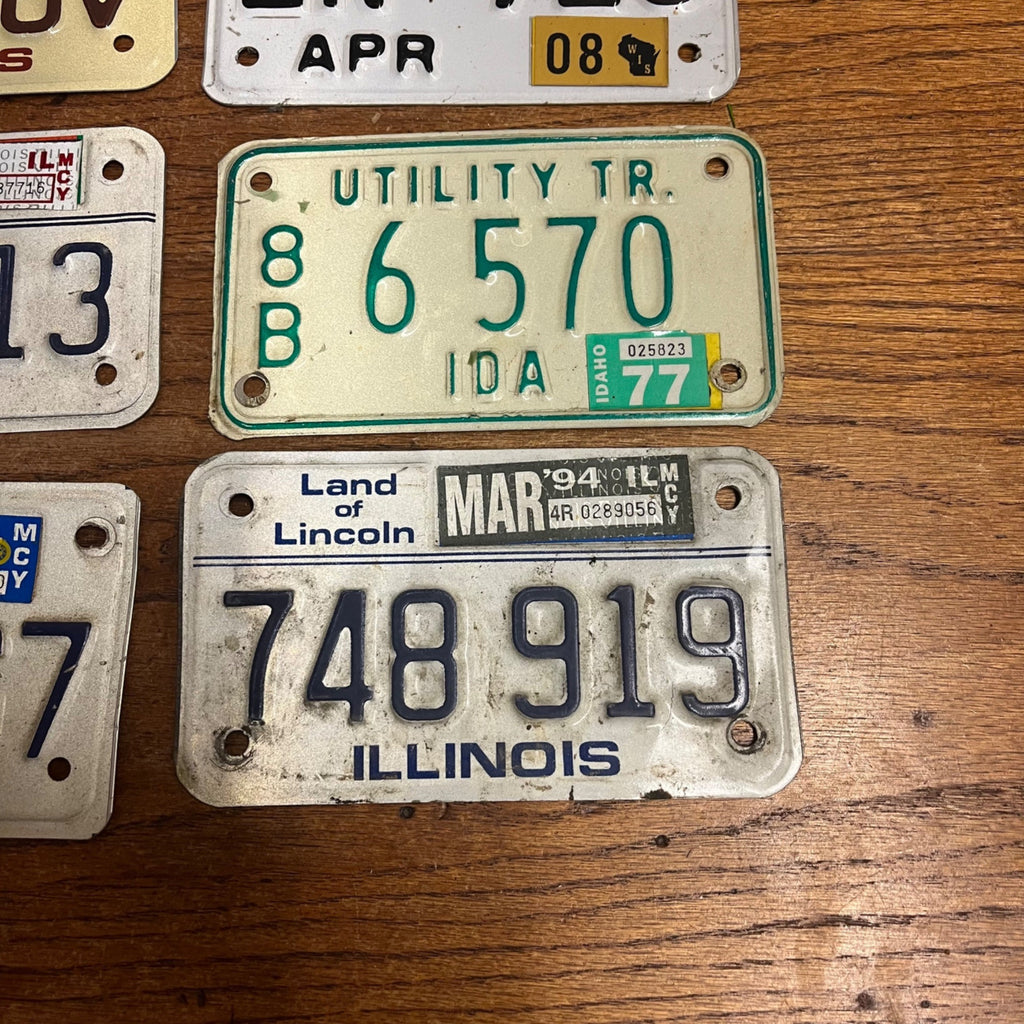 Vintage Large Lot of Eight (8) Motorcycle License Plates Illinois Idaho Wisconsin Wyoming Arizona