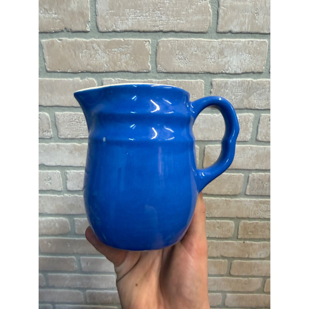 Vintage Oxford Stoneware Blue Ceramic Small Pitcher Creamer Ribbed Body Circa 1940