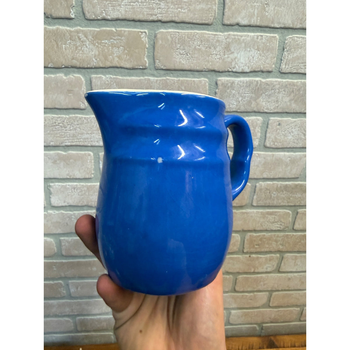 Vintage Oxford Stoneware Blue Ceramic Small Pitcher Creamer Ribbed Body Circa 1940