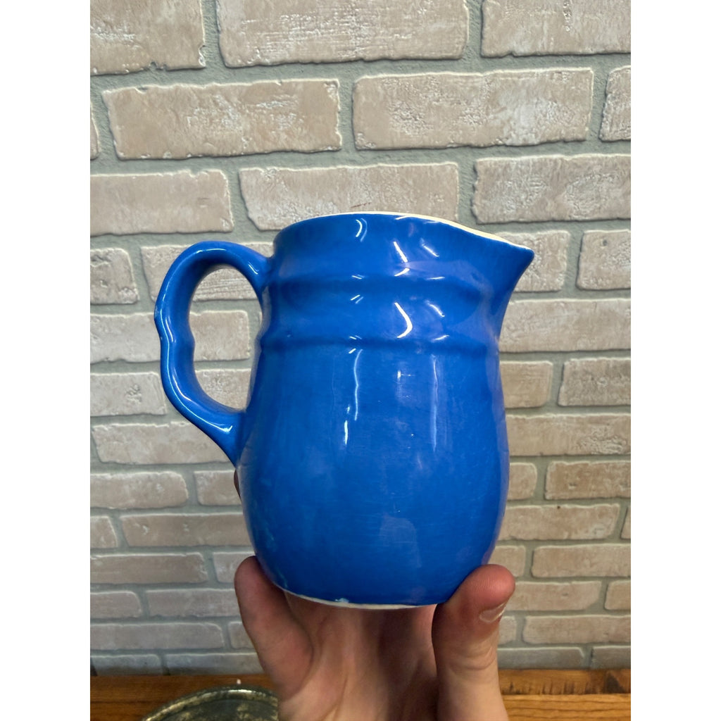 Vintage Oxford Stoneware Blue Ceramic Small Pitcher Creamer Ribbed Body Circa 1940
