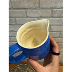 Vintage Oxford Stoneware Blue Ceramic Small Pitcher Creamer Ribbed Body Circa 1940