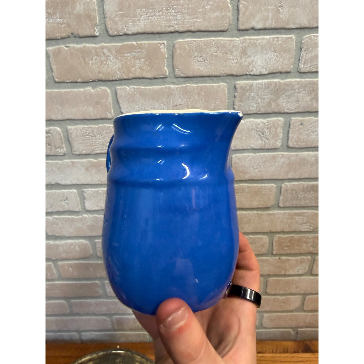Vintage Oxford Stoneware Blue Ceramic Small Pitcher Creamer Ribbed Body Circa 1940