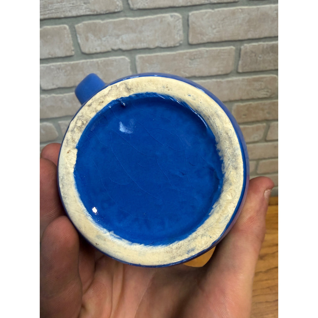 Vintage Oxford Stoneware Blue Ceramic Small Pitcher Creamer Ribbed Body Circa 1940