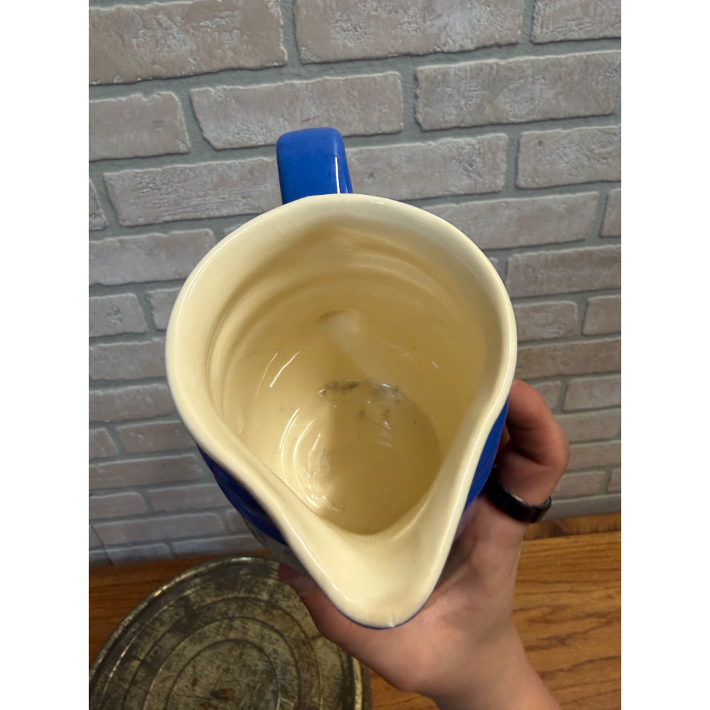 Vintage Oxford Stoneware Blue Ceramic Small Pitcher Creamer Ribbed Body Circa 1940