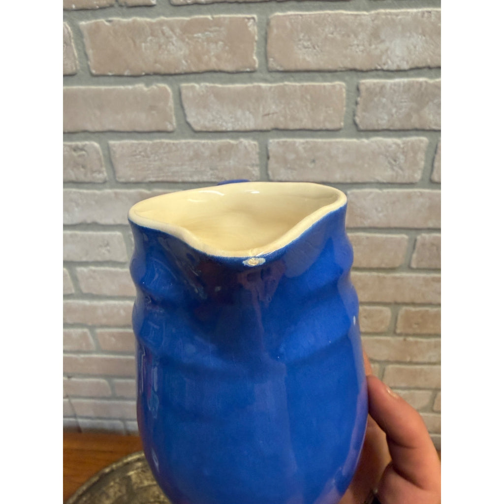 Vintage Oxford Stoneware Blue Ceramic Small Pitcher Creamer Ribbed Body Circa 1940
