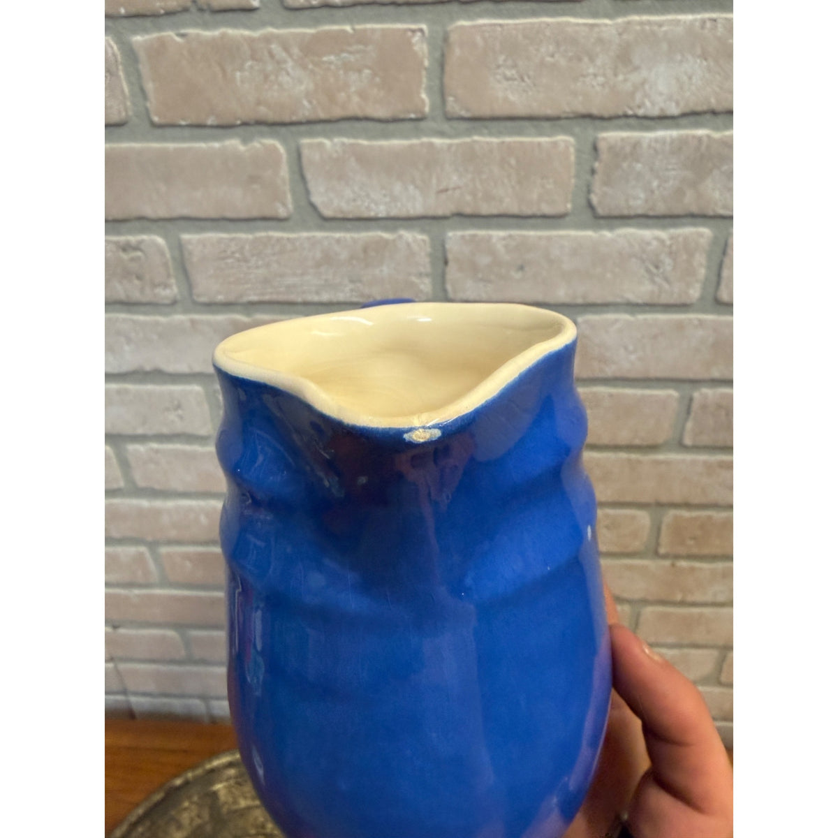 Vintage Oxford Stoneware Blue Ceramic Small Pitcher Creamer Ribbed Body Circa 1940