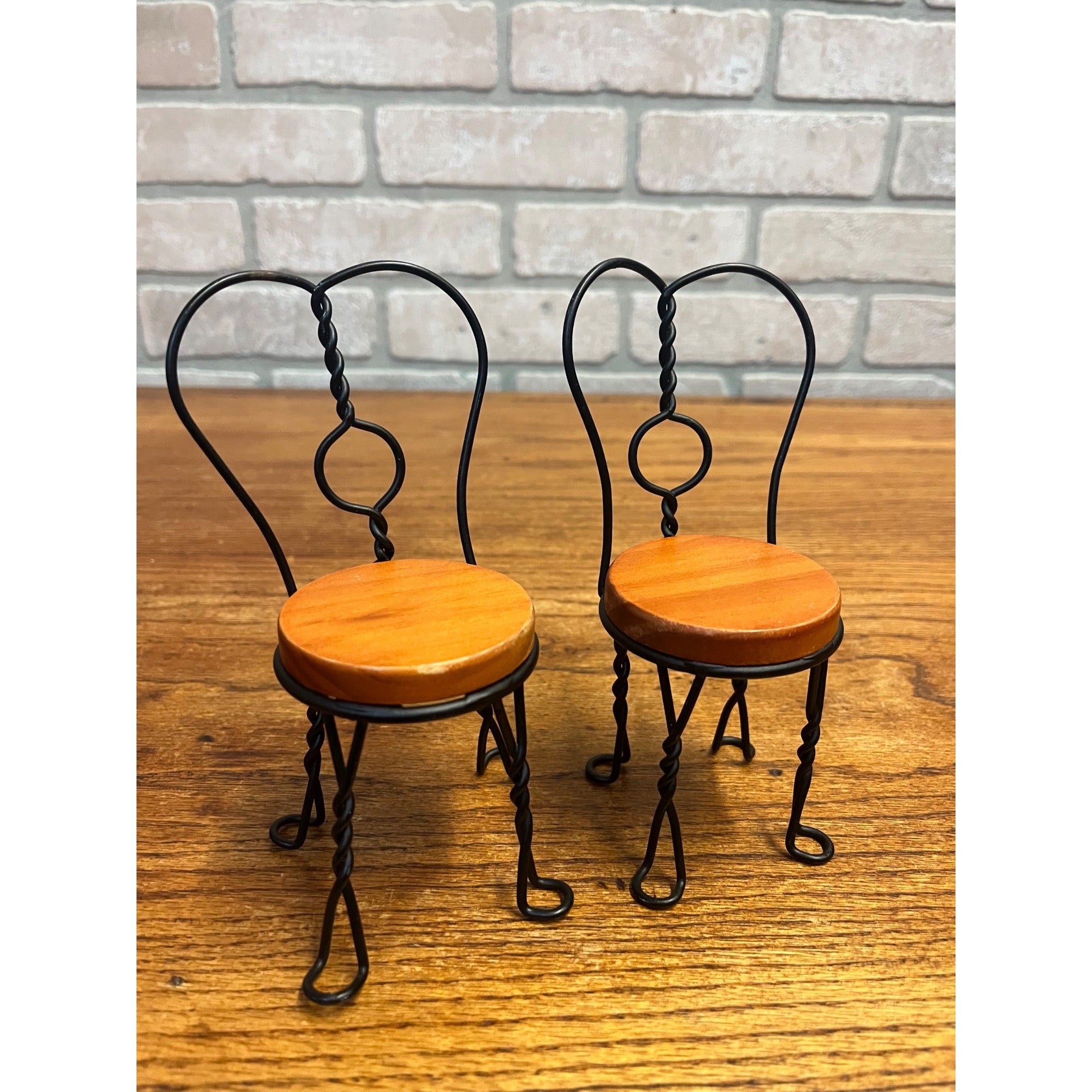 Vintage Miniature Pair of Doll-Size Twisted Metal Ice Cream Parlor Chairs