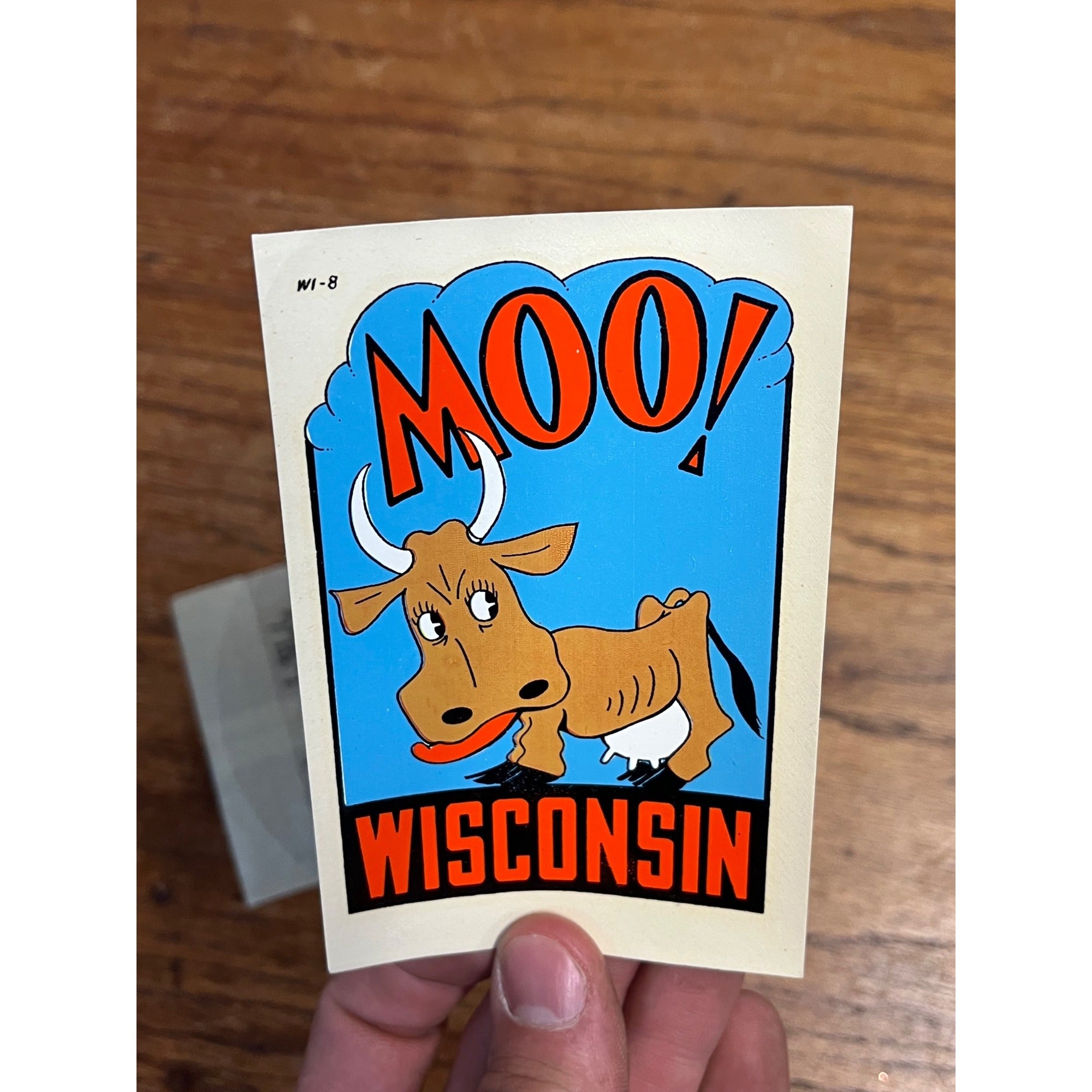 Vintage 1950s Wisconsin Moo! Brown Cow State Travel Souvenir Decal Sticker NOS