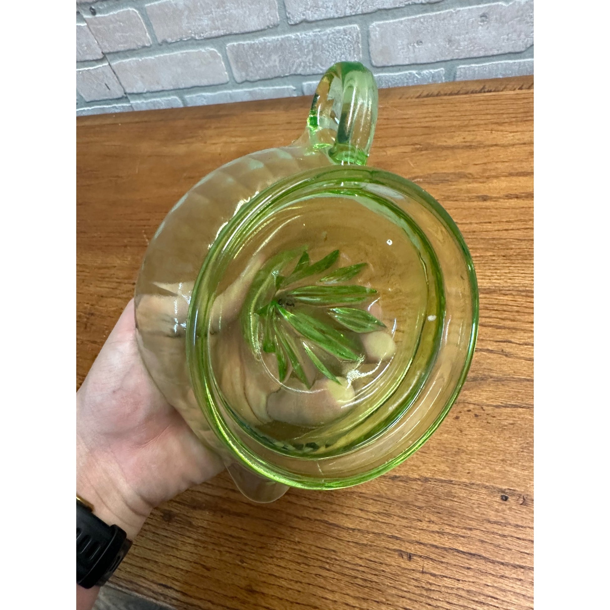 Vintage Uranium Glass Citrus Juicer 6" Paneled Depression Era