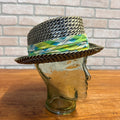 Woven Straw Fedora Hat With Plaid Argyle Fabric Band Size Large Natural & Green Accents
