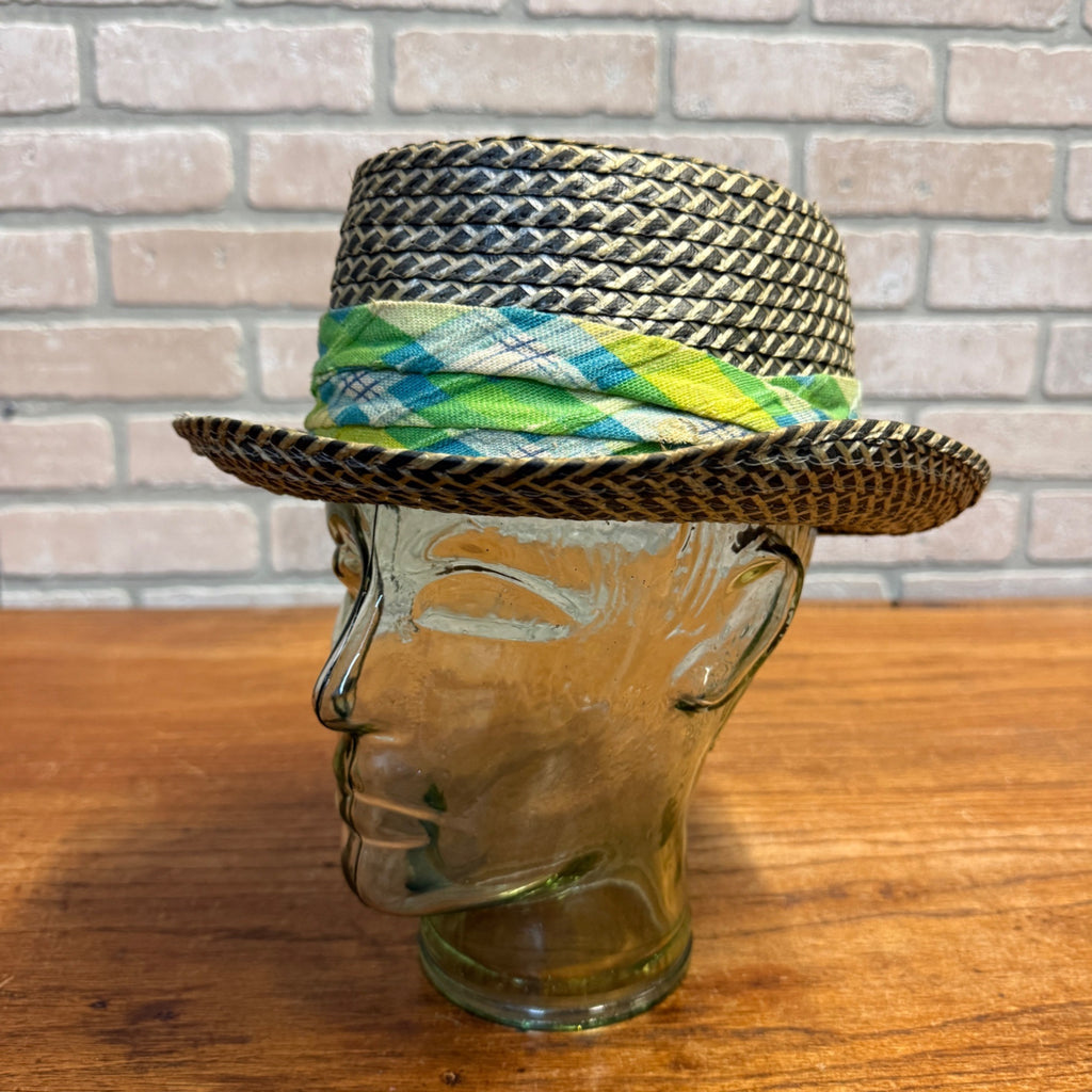 Woven Straw Fedora Hat With Plaid Argyle Fabric Band Size Large Natural & Green Accents