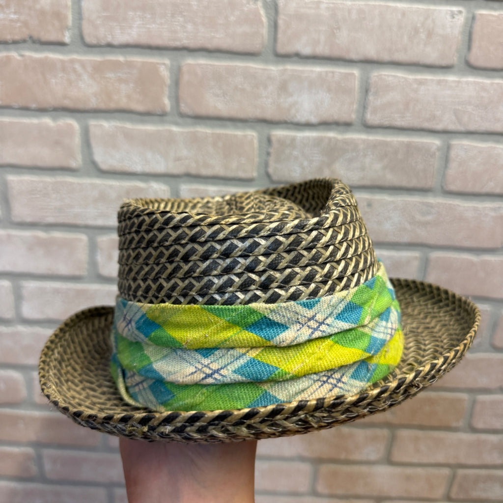 Woven Straw Fedora Hat With Plaid Argyle Fabric Band Size Large Natural & Green Accents
