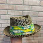 Woven Straw Fedora Hat With Plaid Argyle Fabric Band Size Large Natural & Green Accents