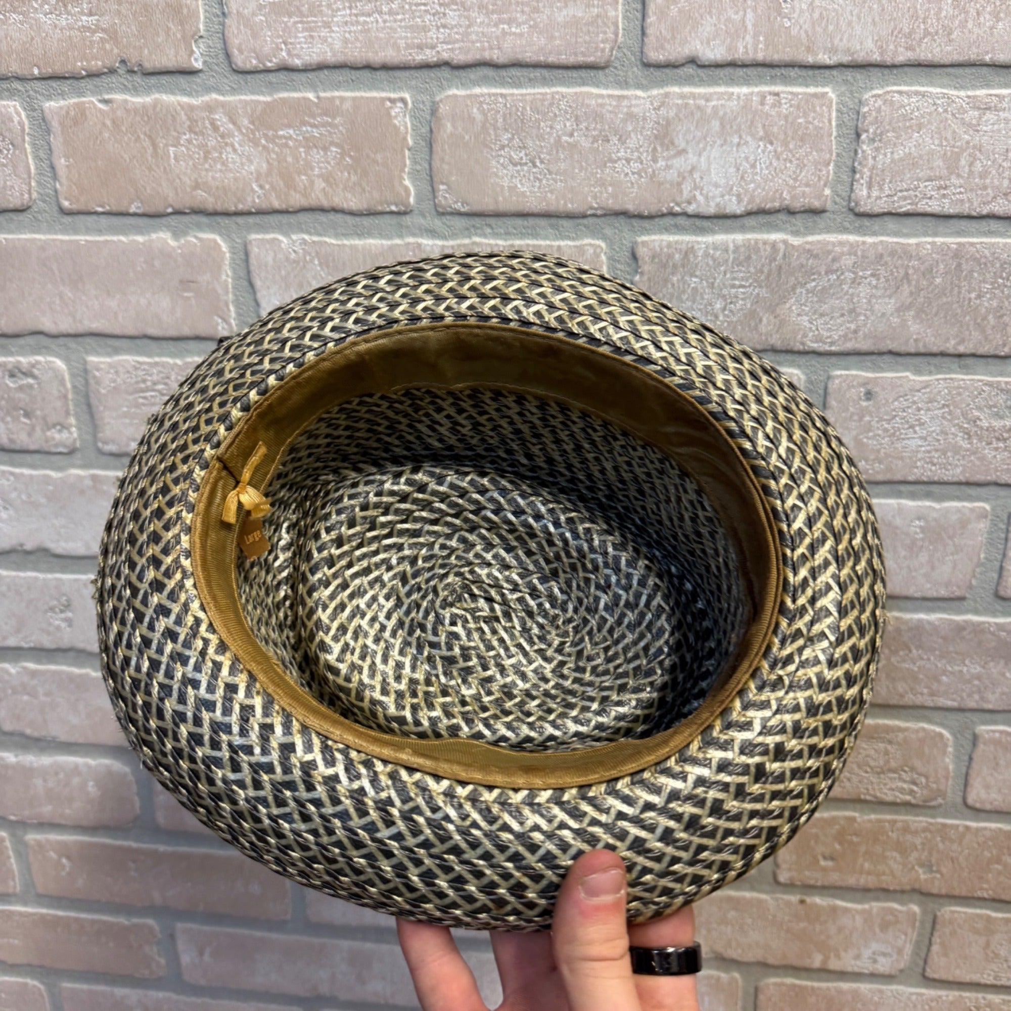 Woven Straw Fedora Hat With Plaid Argyle Fabric Band Size Large Natural & Green Accents